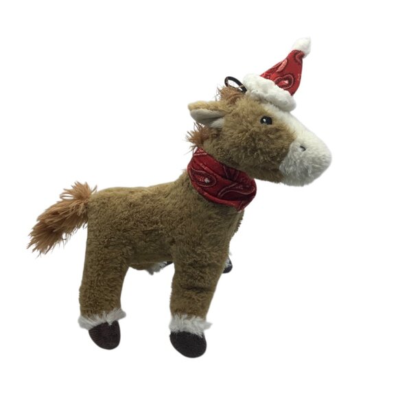 Plush Brown Horse Squeaker Dog Toy Red Bandana & Santa Hat 10" Tall - Picture 5 of 7